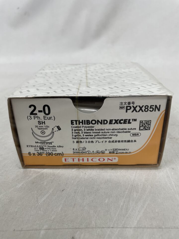 PXX85N - ETHICON - Ethibond Excel 不可吸收編織聚酯縫合線,2-0 號,36 英吋長,SH 針,(6 盒/6 根)-(有效期至:2026 年 8 月 31 日)