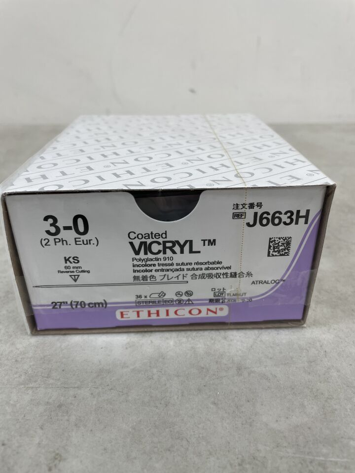 J663H - ETHICON - Coated Vicryl Absorbable Braided Polyglactin 910 Suture, Size 3-0, 27 in. Length, KS Needle , ( BX/36 ) - ( Expiry Date : 2028-09-30 )
