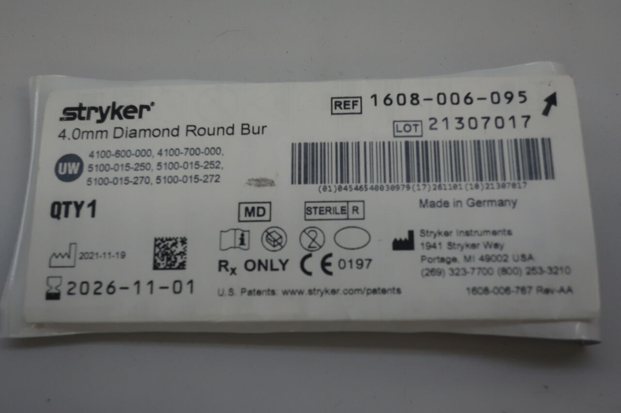 1608-006-095 - STRYKER - Diamond Round Micro Burr, 4 mm Head Diameter, 54 mm Length, (EA) - ( Expiry Date: 2024-08-01 )