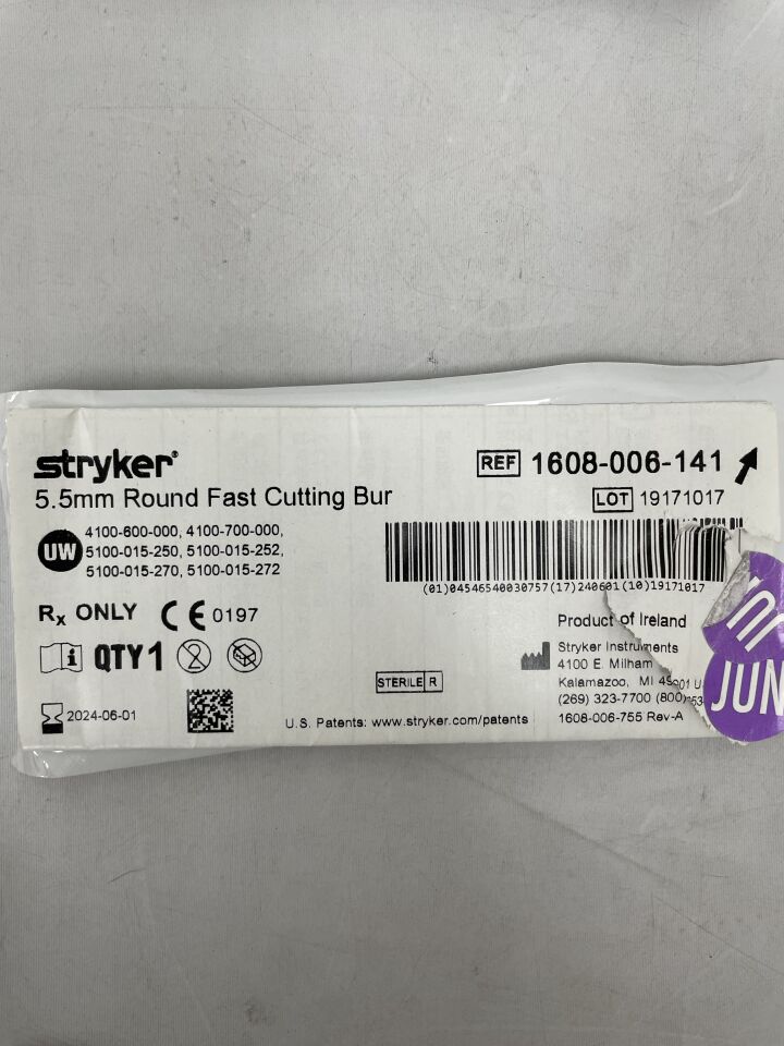 1608-006-141 - STRYKER - Round Fast Cutting Bur: 5.5mm, (EA) - ( Expiry Date: 2024-06-01 )