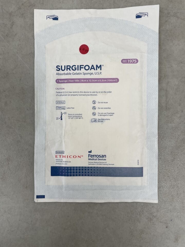 1975 - ETHICON - Surgifoam Absorbable Gelatin Sponge, 8 x 12.5 cm x 2 mm, (EA) - ( Expiry Date: 2024-06-03 )