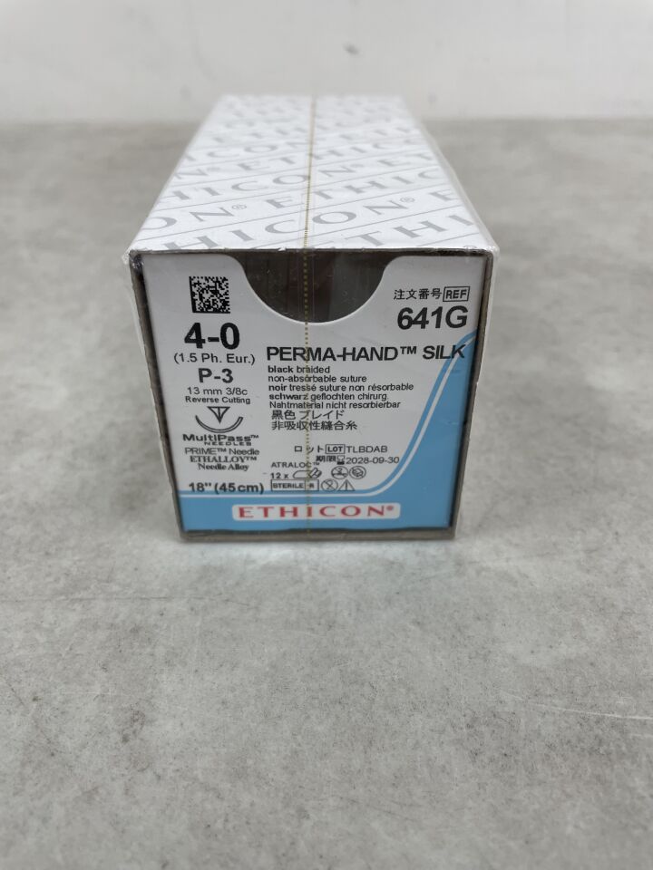 641G - ETHICON - Perma-Hand 不可吸收編織絲線,4-0 號,18 吋長,P-3 針,(盒/12)-(有效期至:2028-09-30)