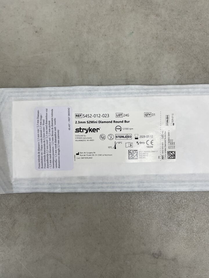 5452-012-023 - STRYKER - S2 Mini Diamond Round Bur 1mm x 2.3mm , ( EA ) - ( Expiry Date : 2029-07-12 )