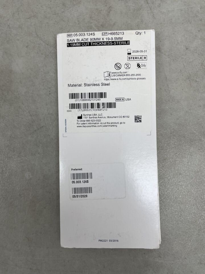 05.003.124S - SYNTHES - Saw Blade, 90mm x 19-9.5mm, 1.19mm Cut Thickness, (BX/1) - ( Expiry Date: 2028-05-31 )