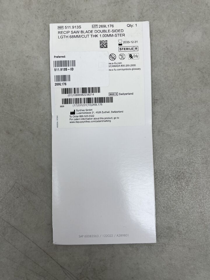 511.913S - SYNTHES - Reciprocating Saw Blade, 68 mm Usable Length, 1 mm Cut Thinkness, 12 mm Width, Sterile, (BX/1) - ( Expiry Date: 2033-12-31 )