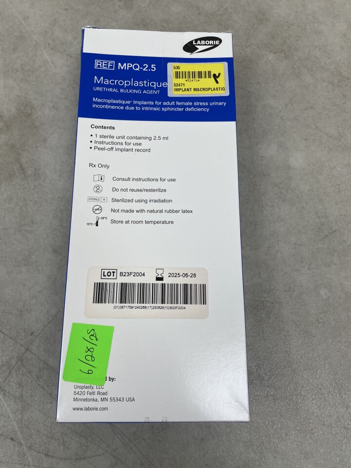 MPQ-2.5 - LABORIE - Cogentix Macroplastique Urethral Bulking Agent 2.5ml, (BX/1) - ( Expiry Date: 2025-06-28 )