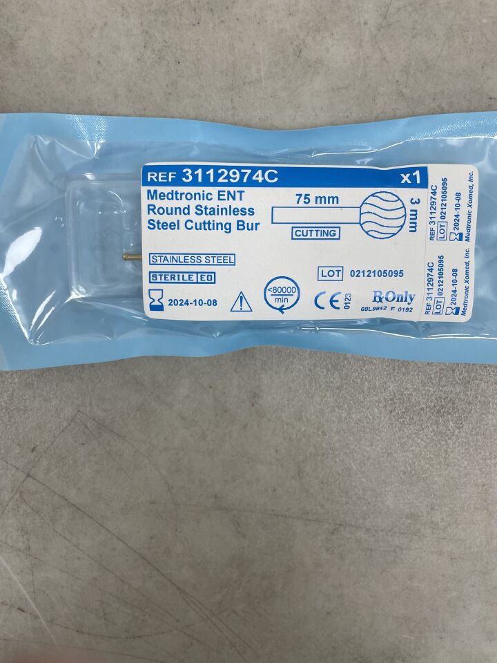 3112974C - MEDTRONIC - Indigo Stainless Steel Round Curved Fluted Otologic Burr, 3 dia. x 78 mm Length, (EA) - ( Expiry Date: 2024-10-08 )