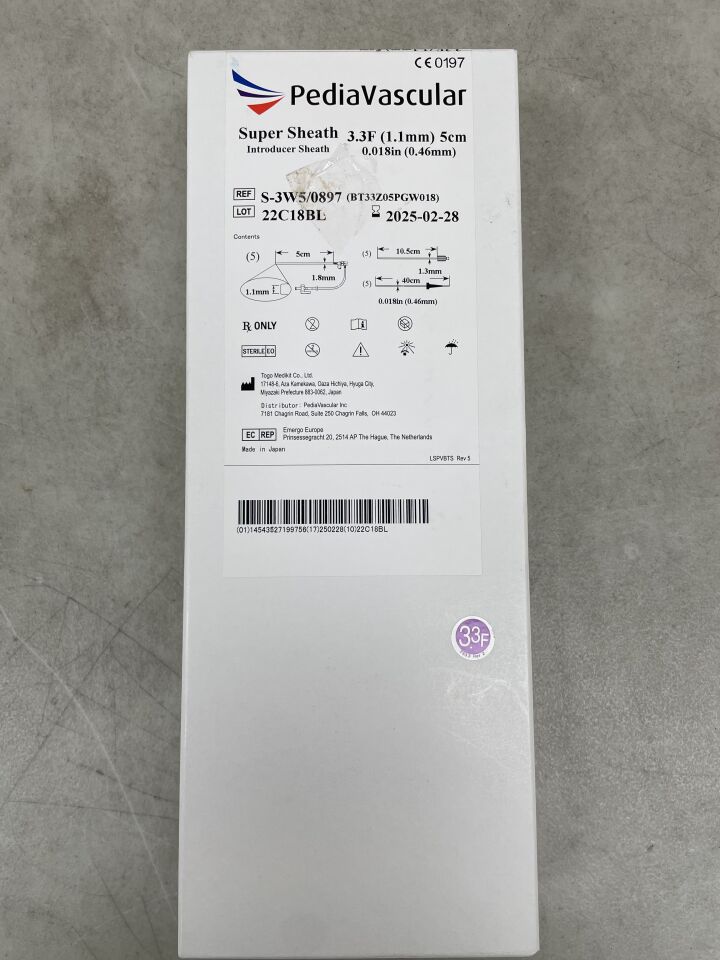 S-3W5/0897 - PEDIAVASCULAR - Super Sheath Introducer Sheath 3.3F 5cm, (BX/5) - ( Expiry Date: 2025-02-28 )