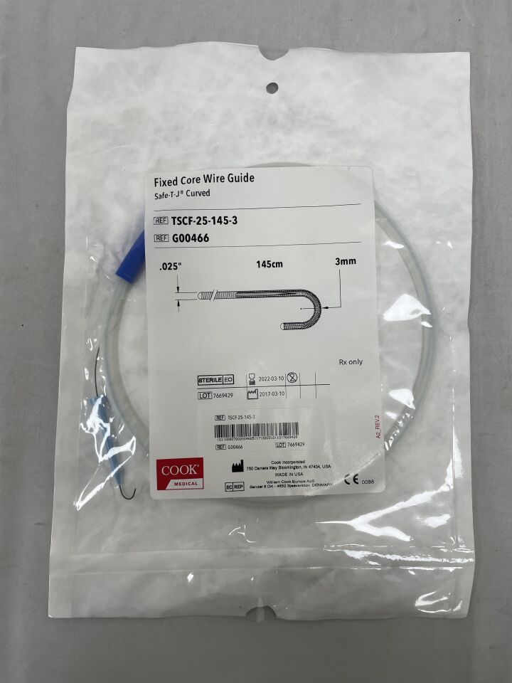 G00466 - COOK - Fixed-Core Wire Guide, Safe-T-J Curved 0.025" x 145cm, 3mm Tip Curve Radius, (EA) - ( Expiry Date: 2024-09-23 )