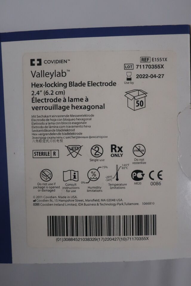 E1551X - COVIDIEN - Valleylab Stainless Steel Hex-locking Blade Electrode, 1 in. Active Length, (BX/50) - ( Expiry Date: 2025-06-13 )