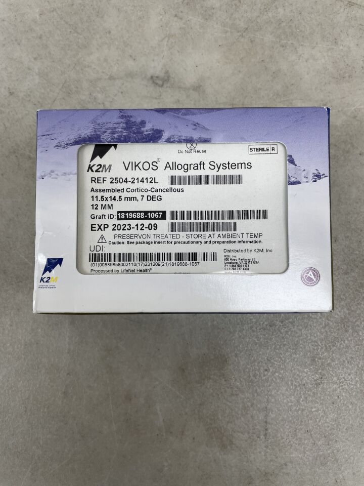 2504-21412L - K2M - Vikos Allograft Systems Assembled Cortico-Cancellous, 11.5 x 14.5mm, 7 Degree, (BX/1) - ( Expiry Date: 2023-12-09 )
