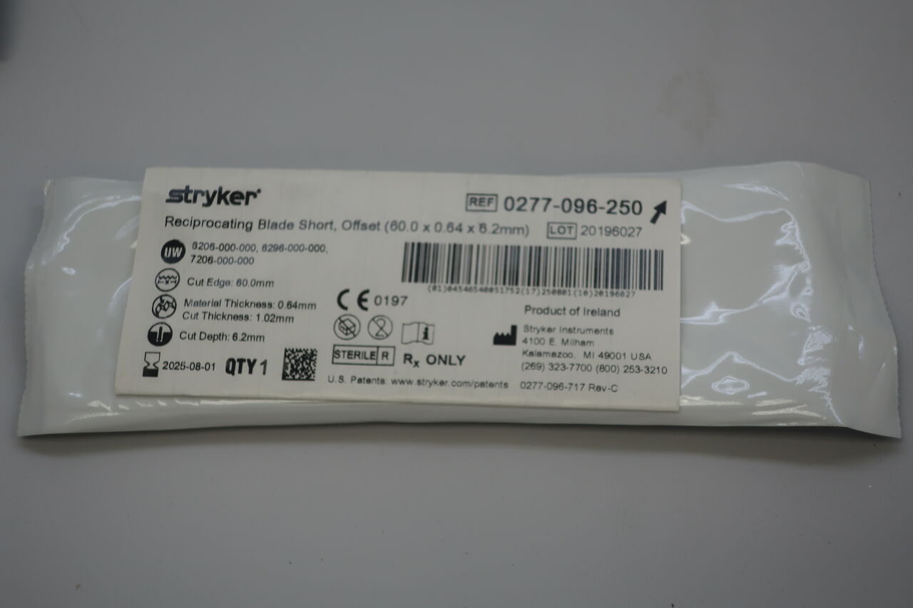 0277-096-250 - STRYKER - reciprocating blade short (60.0mm x 0.64mm x 6.2mm), (EA) - ( Expiry Date: 2025-08-01 )