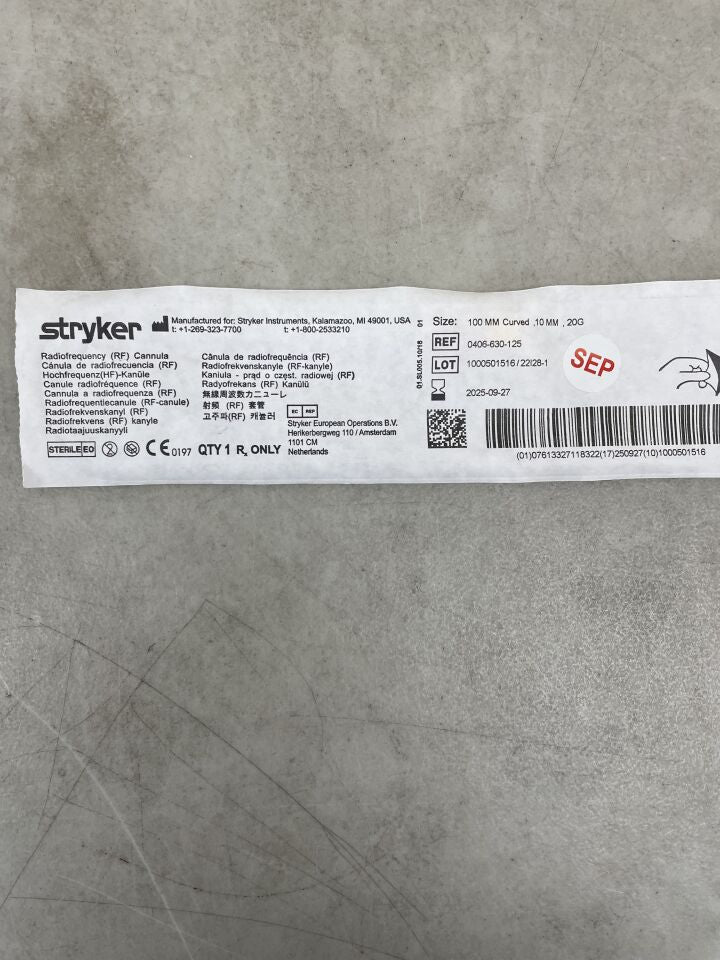 0406-630-125 - STRYKER - RF Cannula, HF-Surgery 20G x 100mm, 10mm Tip, Curved, (EA) - ( Expiry Date: 2025-09-27 )