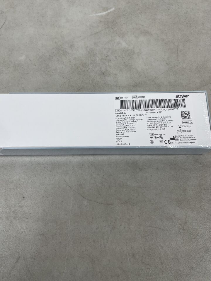 3425-1400S - STRYKER - Gamma3 Titanium Right R1.5 Cannulated Long Intramedullary Nail, 11 dia. x 400 mm Length, 125 Neck Angle, Sterile, (BX/1) - ( Expiry Date: 2025-02-28 )