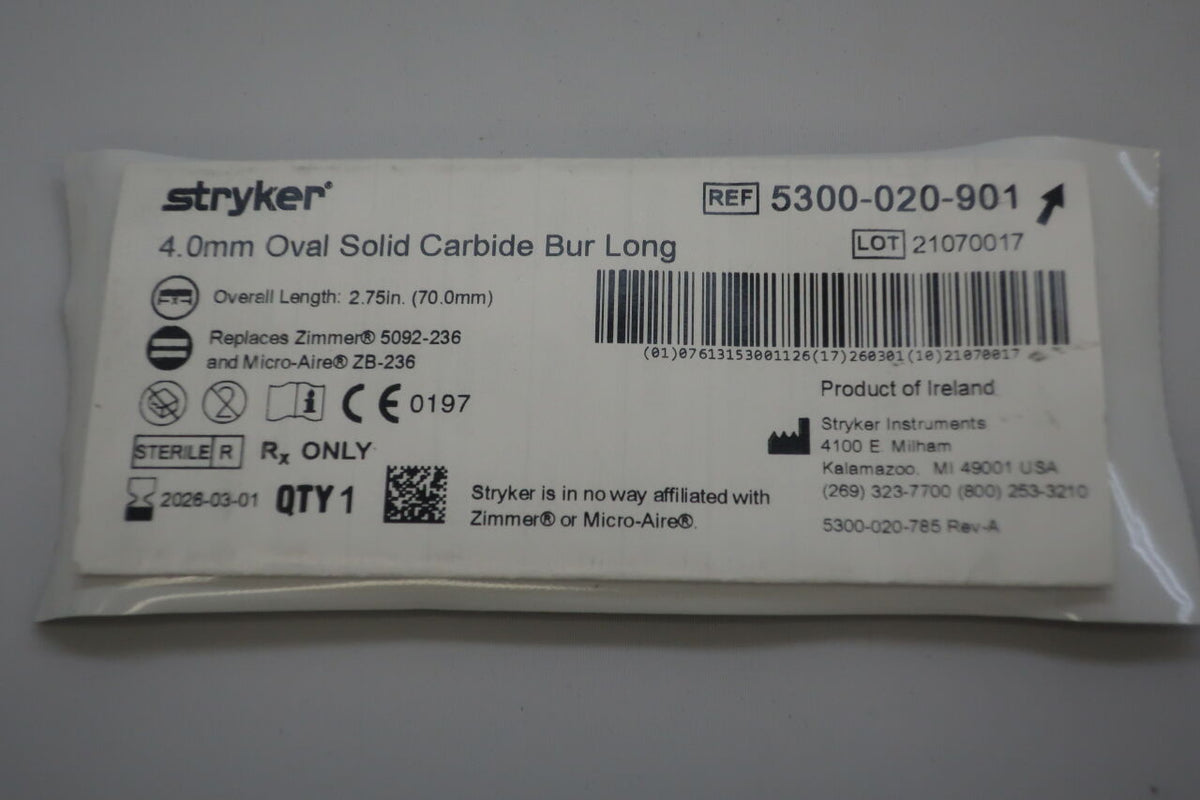5300-020-901 - STRYKER - oval solid carbide bur, long, 4mm, (EA)