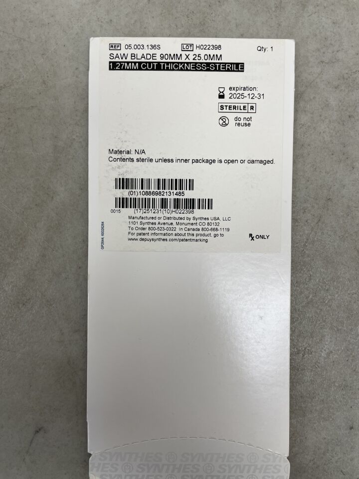 05.003.136S - SYNTHES - Sterile Aggressive Saw Blade, 90 L x 25 mm W, (BX/1) - ( Expiry Date: 2025-12-31 )