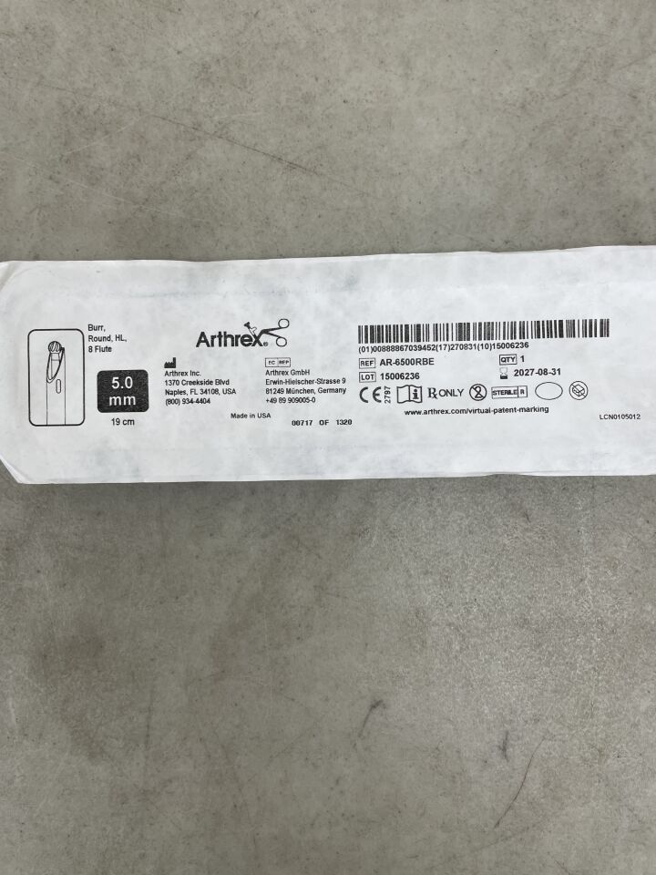 AR-6500RBE - ARTHREX - CoolCut 5.0mm Round Burr, Hip, 8-Flute 19cm, (EA) - ( Expiry Date: 2027-08-31 )