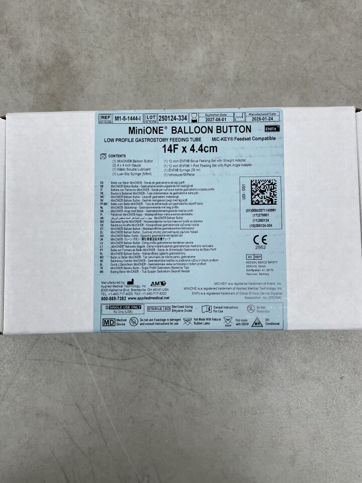 M1-5-1444-1 - AMT - Mini One Low Profile Balloon Button Gastrostomy Tube, 14F x 4.4cm, (BX/1) - ( Expiry Date: 2027-08-01 )