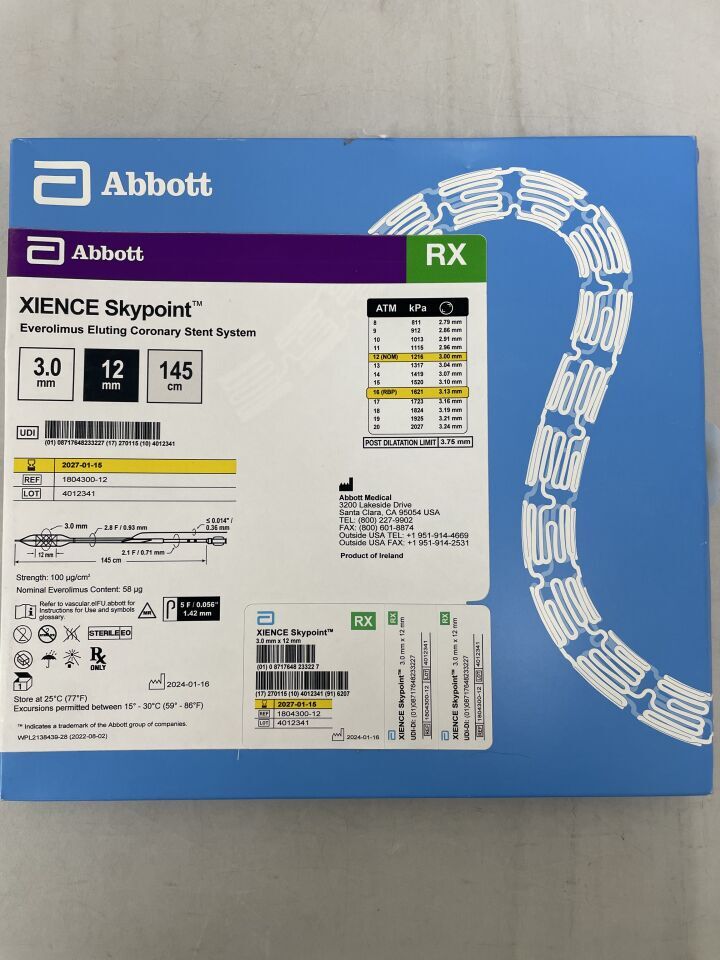 1804300-12 - 雅培 - Xience Skypoint 依維莫司洗脫冠狀動脈支架系統 3.0mm x 12mm x 145cm,(盒/1)-(有效期至:2027-01-15)