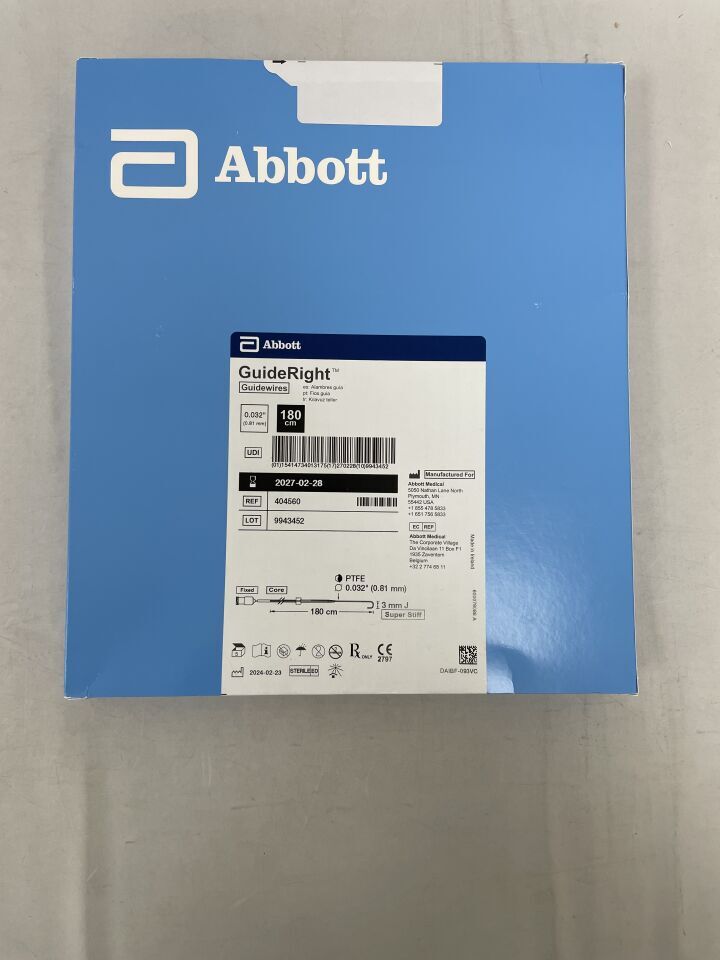 404560 - ABBOTT - Guía GuideRight, superrígida, 3 mm J, 0,032" x 180 cm, (Caja/5) - (Fecha de caducidad: 28/02/2027)