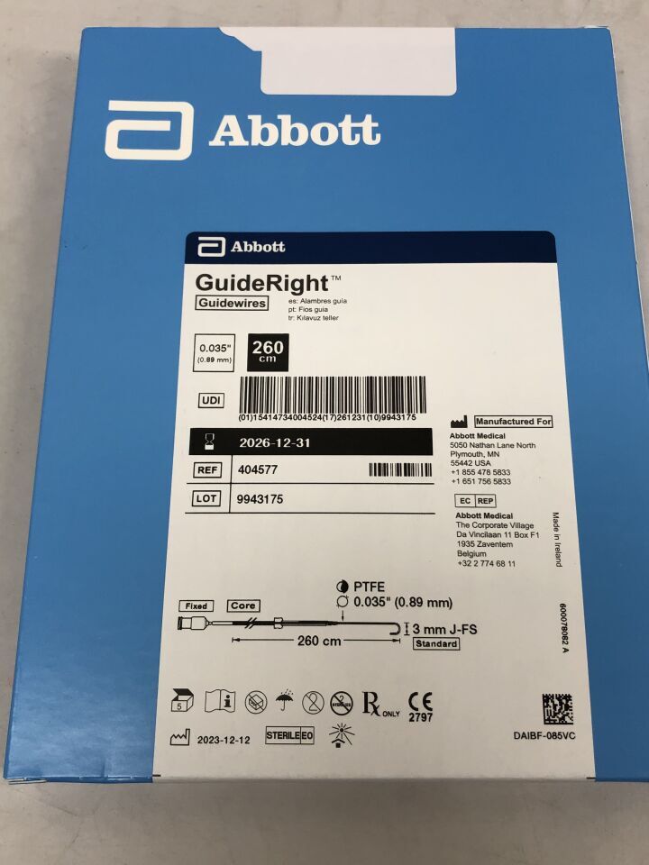404577 - ABBOTT - Guías GuideRight, 260 cm de longitud, 0,035 pulgadas de diámetro, (BX/5) - (Fecha de caducidad: 31/12/2026)