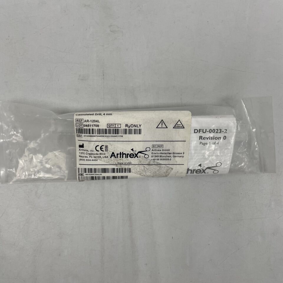 Sterile Arthrex cannulated drill 4mm in unopened medical packaging on white surface