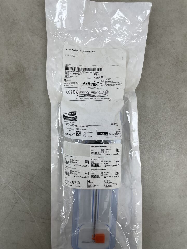 Arthrex PEEK SwiveLock suture anchor sterile medical packaging on gray background