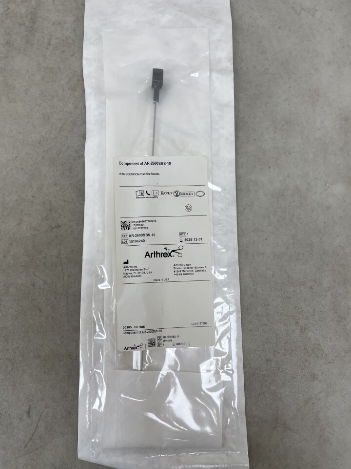 Sterile Arthrex medical instrument in sealed package on gray background