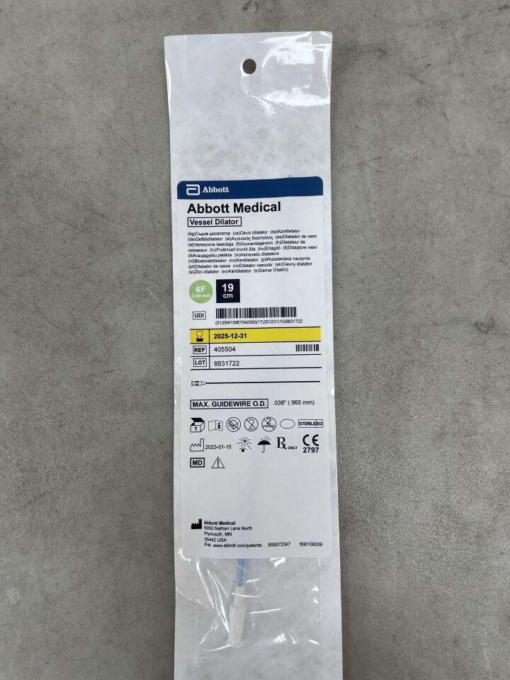 405504 - ABBOTT - SJM Vascular Vessel Dilator, 0.038 Wire, 6 Fr, 19 cm, (EA) - ( Expiry Date: 2025-12-31 )