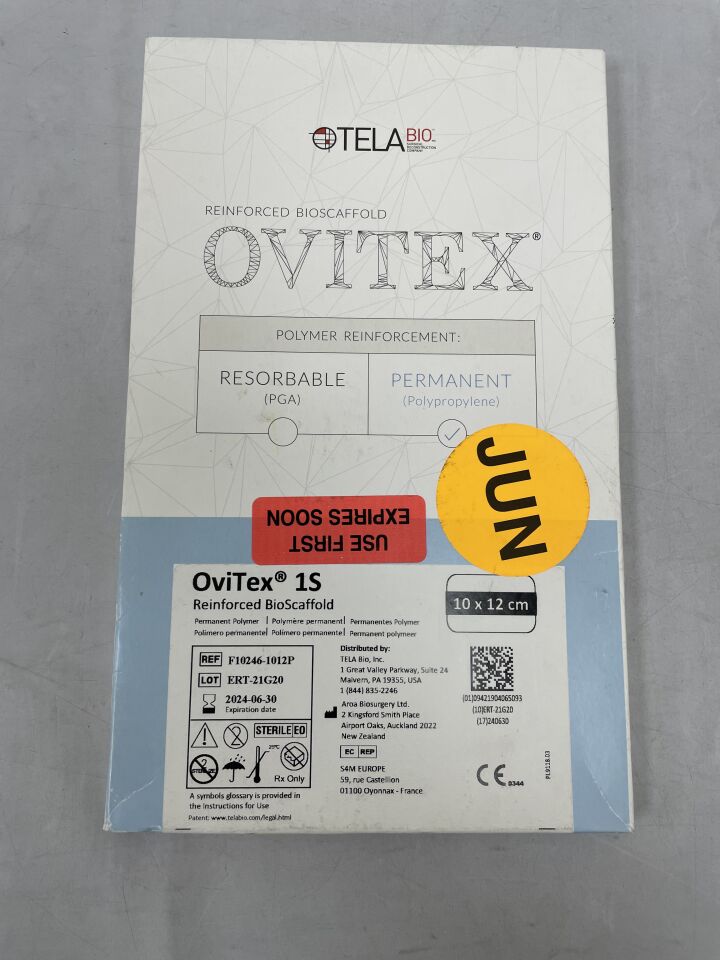 F10246-1012P - AROA BIOSURGERY - Tela Bio OviTex 1S Reinforced BioScaffold, Permanent, Polypropylene 10cm x 12cm (No Box), (BX/1) - ( Expiry Date: 2025-07-31 )