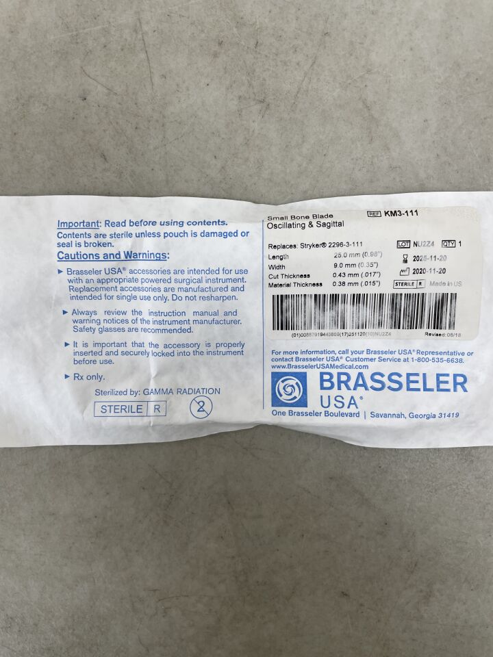 KM3-111 - BRASSELER - Small Bone Blade, Oscillating & Sagittal, 25 x 9mm, (EA) - ( Expiry Date: 2025-11-20 )
