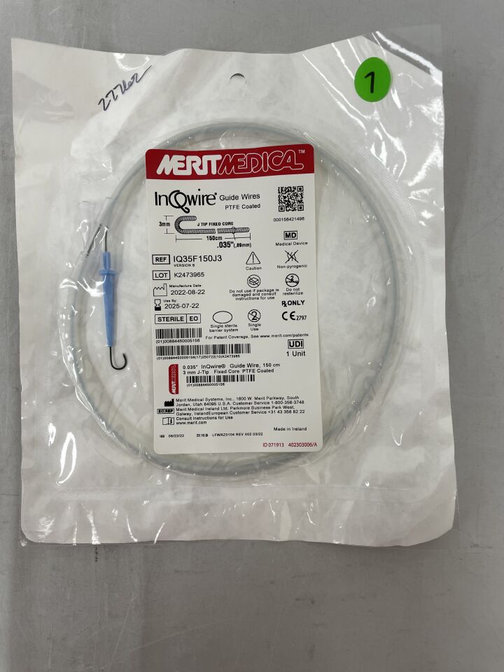 IQ35F150J3 - MERIT MEDICAL - InQwire Guide Wire 3mm, J Tip / Fixed 0.035" x 150cm, (EA) - ( Expiry Date: 2024-12-19 )