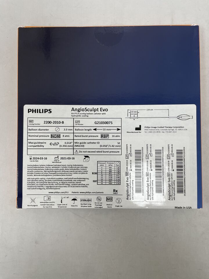 2200-2010-B - PHILIPS - AngioSculpt Evo RX PTCA Scoring Balloon Catheter, Hydrophilic 2.0mm x 10mm, 139cm, (BX/1) - ( Expiry Date: 2025-09-08 )