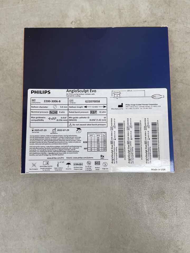 2200-3006-B - PHILIPS - AngioSculpt Evo RX PTCA Scoring Balloon Catheter with Hydrophilic Coating - 3.0mm x 6mm x 139cm, (BX/1) - ( Expiry Date: 2025-07-29 )