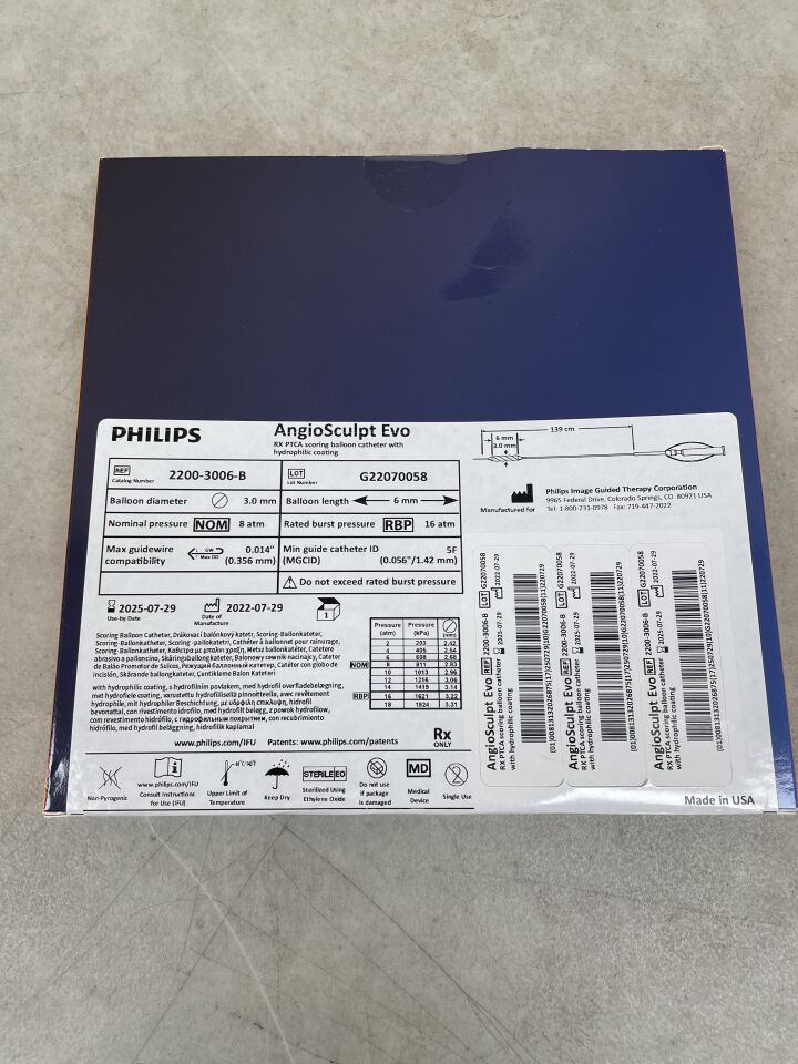 2200-3006-B - PHILIPS - AngioSculpt Evo RX PTCA Scoring Balloon Catheter with Hydrophilic Coating - 3.0mm x 6mm x 139cm, (BX/1) - ( Expiry Date: 2025-07-29 )