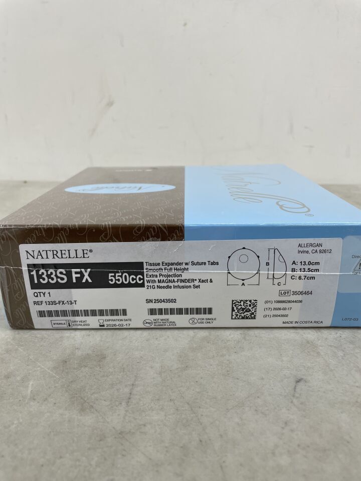 133S-FX-13-T - ALLERGAN - Natrelle Tissue Expander with Suture Tabs, Smooth Full Height Extra Projection, 550cc, (BX/1) - ( Expiry Date: 2026-02-17 )