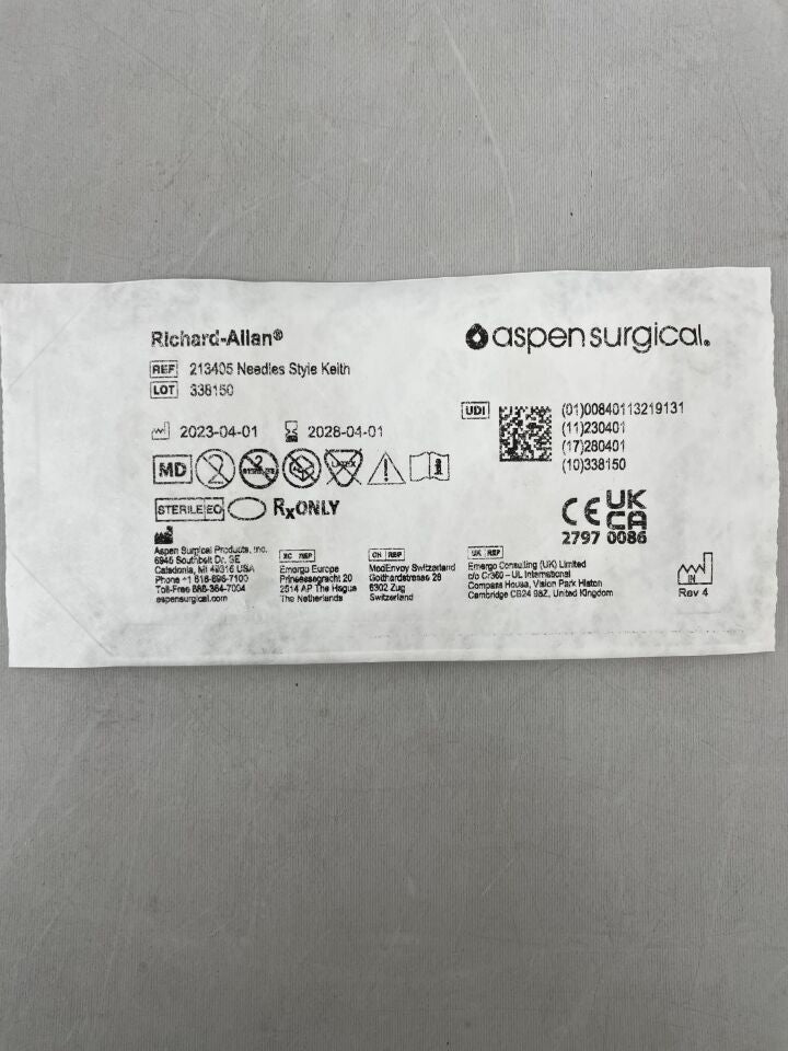 213405 - ASPEN SURGICAL - richard-allen straight cutting keith's abdominal surgical needle (2 needles per packet) , (EA) - ( Expiry Date: 2028-04-01 )