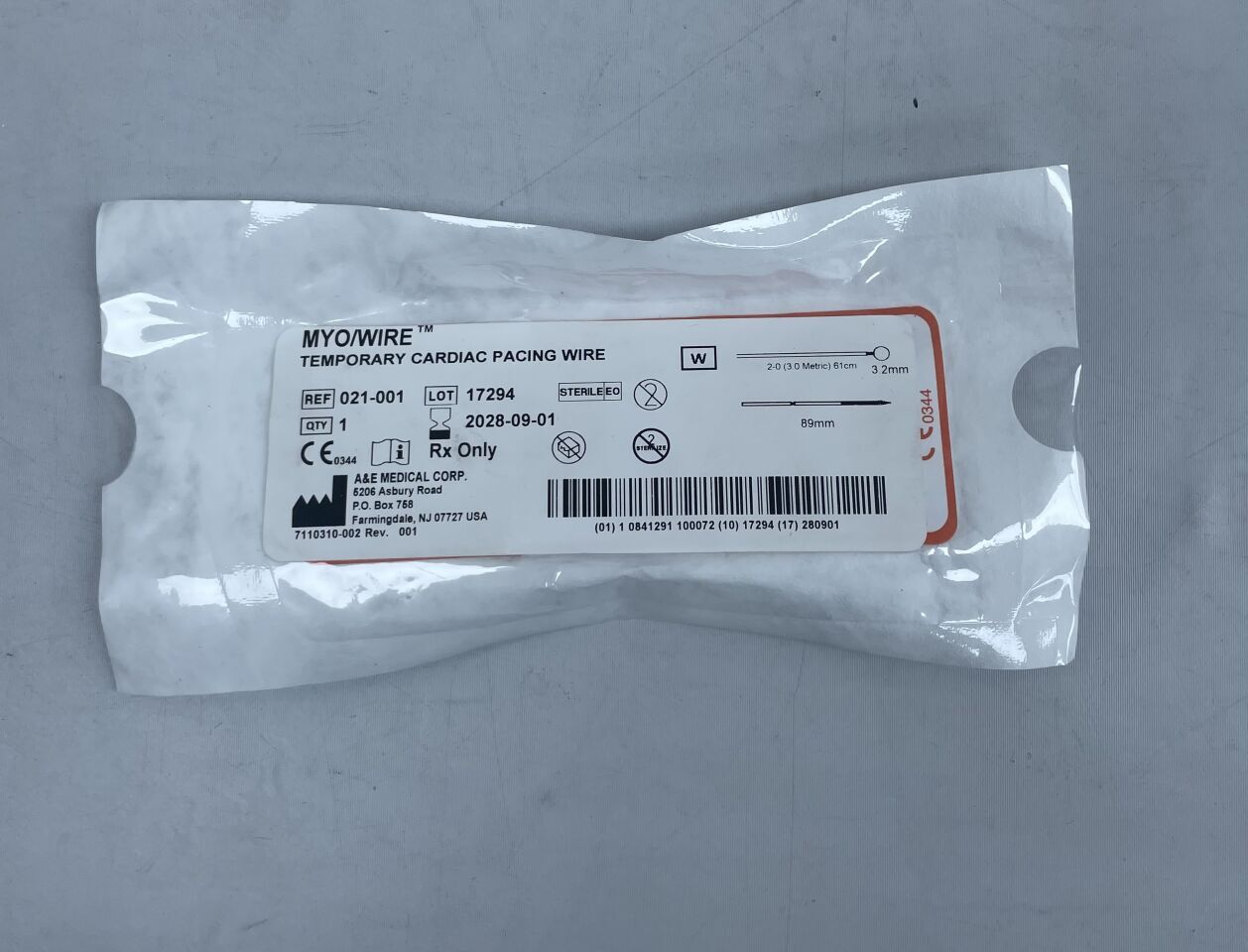 021-001 - A&E MEDICAL - MYO/WIRE Cable de marcapasos cardíaco temporal, tamaño 2-0, 61 cm, ( EA ) - ( Fecha de caducidad : 01/09/2028 )