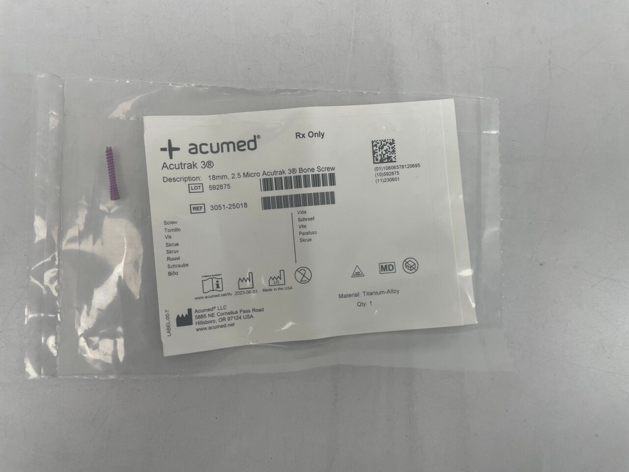 3051-25018 - ACUMED - Acutrak 3 骨螺絲 18mm,2.5 微型,(EA)-(有效期限至:2099-12-31)