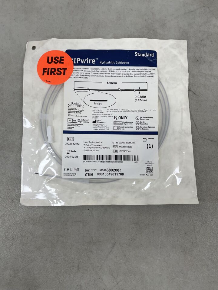 680208 - BOSTON SCIENTIFIC - ZIPwire Hydrophilic Guidewire - Standard, Straight - .038" x 150cm, (EA) - ( Expiry Date: 2024-11-30 )