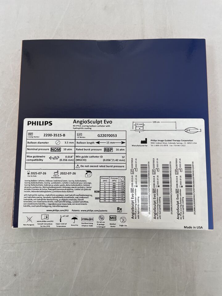 2200-3515-B - PHILIPS - AngioSculpt Evo RX PTCA Scoring Balloon Catheter, Hydrophilic 2.0mm x 6mm, 139cm, (BX/1) - ( Expiry Date: 2025-07-26 )