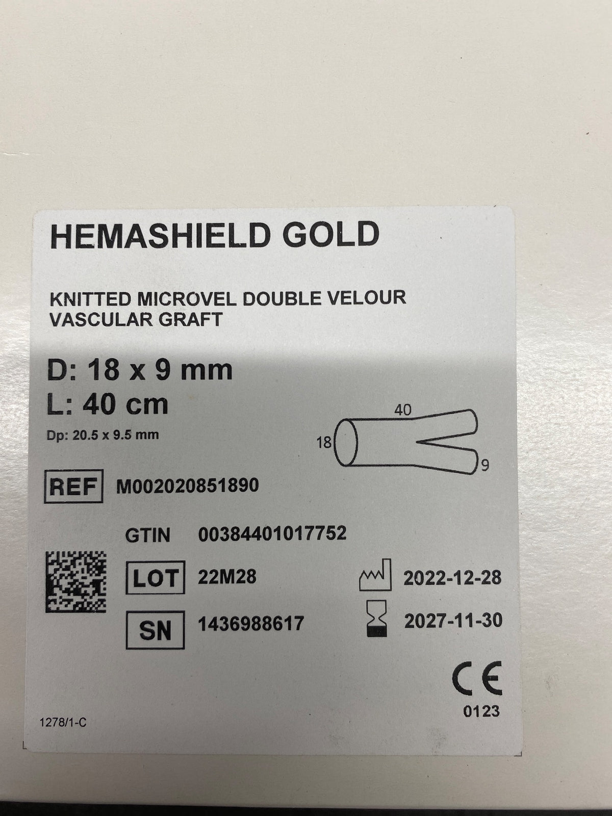 M002020851890 - INTERVASCULAR - Hemashield Gold Knitted Microvel Bifurcated Double Velour Vascular Graft with Graft Sizer Accessory, (BX/1)