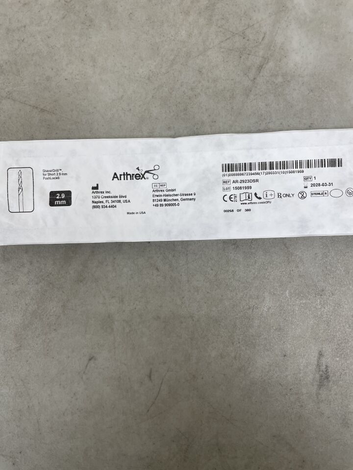 AR-2923DSR - ARTHREX - ShaverDrill para PushLock corto de 2,9 mm (unidad) - (Fecha de caducidad: 31/03/2028)