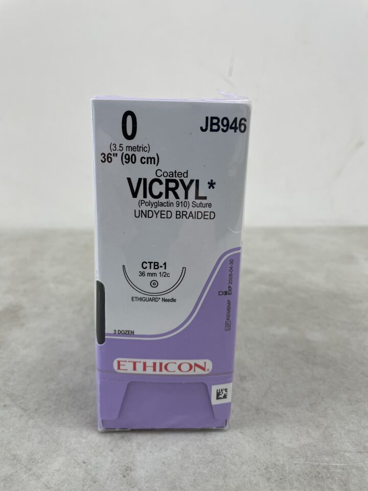 JB946 - ETHICON - 塗層薇喬可吸收編織聚乳酸-羥基乙酸共聚物 910 縫合線,0 號,36 英寸長,CTB-1 針,(BX/36)-(有效期至:2026-04-30)