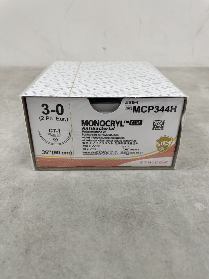 MCP344H - ETHICON - Monocryl Plus Absorbable Monofilament Poliglecaprone 25 Suture, Size 3-0, 36 in. Length, CT-1 Needle , ( BX/36 ) - ( Expiry Date : 2026-08-31 )