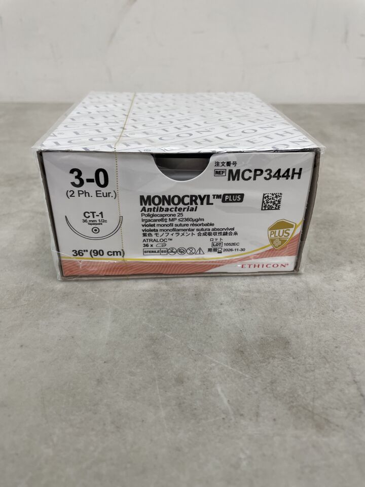 MCP344H - ETHICON - Monocryl Plus Absorbable Monofilament Poliglecaprone 25 Suture, Size 3-0, 36 in. Length, CT-1 Needle , ( BX/36 ) - ( Expiry Date : 2026-11-30 )
