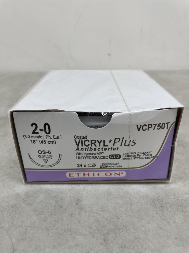 VCP750T - ETHICON - Sutura trenzada absorbible de Vicryl Plus recubierta, tamaño 2-0, longitud de 45 cm, aguja OS-6 (caja de 24) - (Fecha de caducidad: 28/02/2026)
