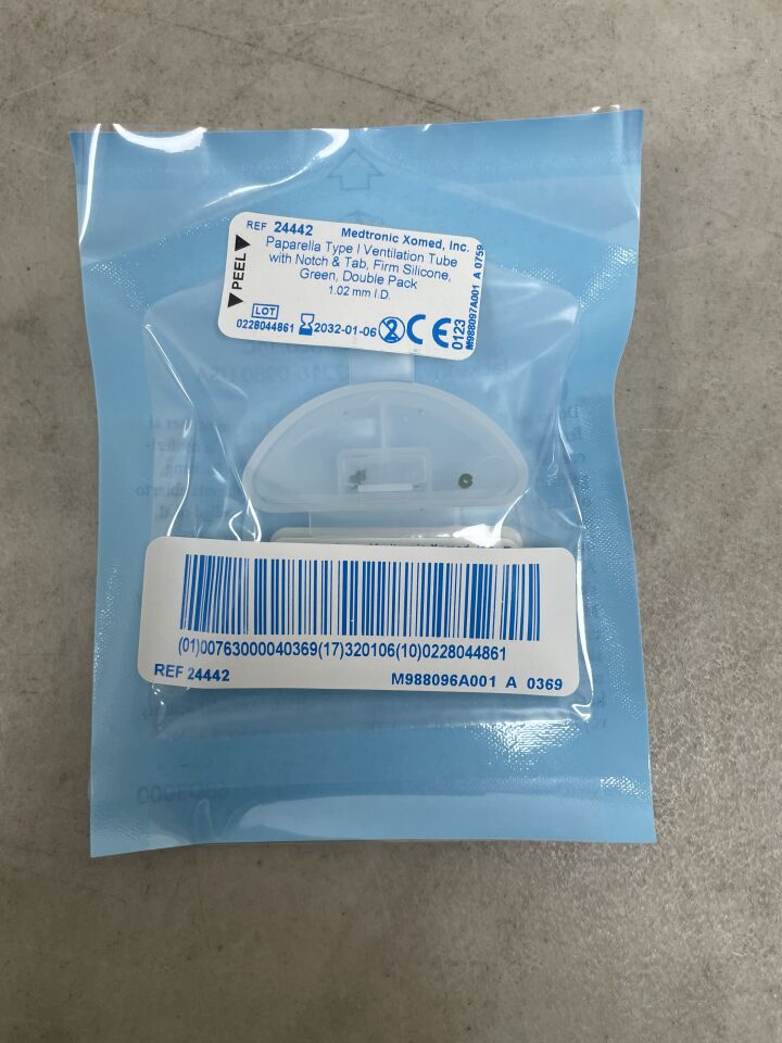 24442 - MEDTRONIC - Tubo de ventilación Paparella con muesca y pestaña, 1,02 mm, silicona firme, verde, (unidad) - (Fecha de caducidad: 06/01/2032)