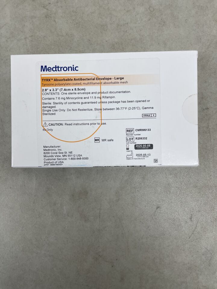 CMRM6133 - MEDTRONIC - TYRX Absorbable Antibacterial Envelope, Large 2.9" x 3.3" , ( BX/1 ) - ( Expiry Date : 2026-05-08 )