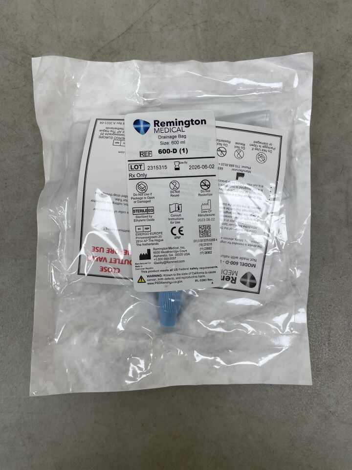 600-D - REMINGTON - Nephrostomy Drain Bag, 600 mL , ( EA ) - ( Expiry Date : 2026-06-02 )
